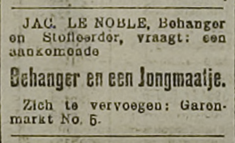 1905 newspaper advertisement for Jac. Le Noble, wallpaper hanger
