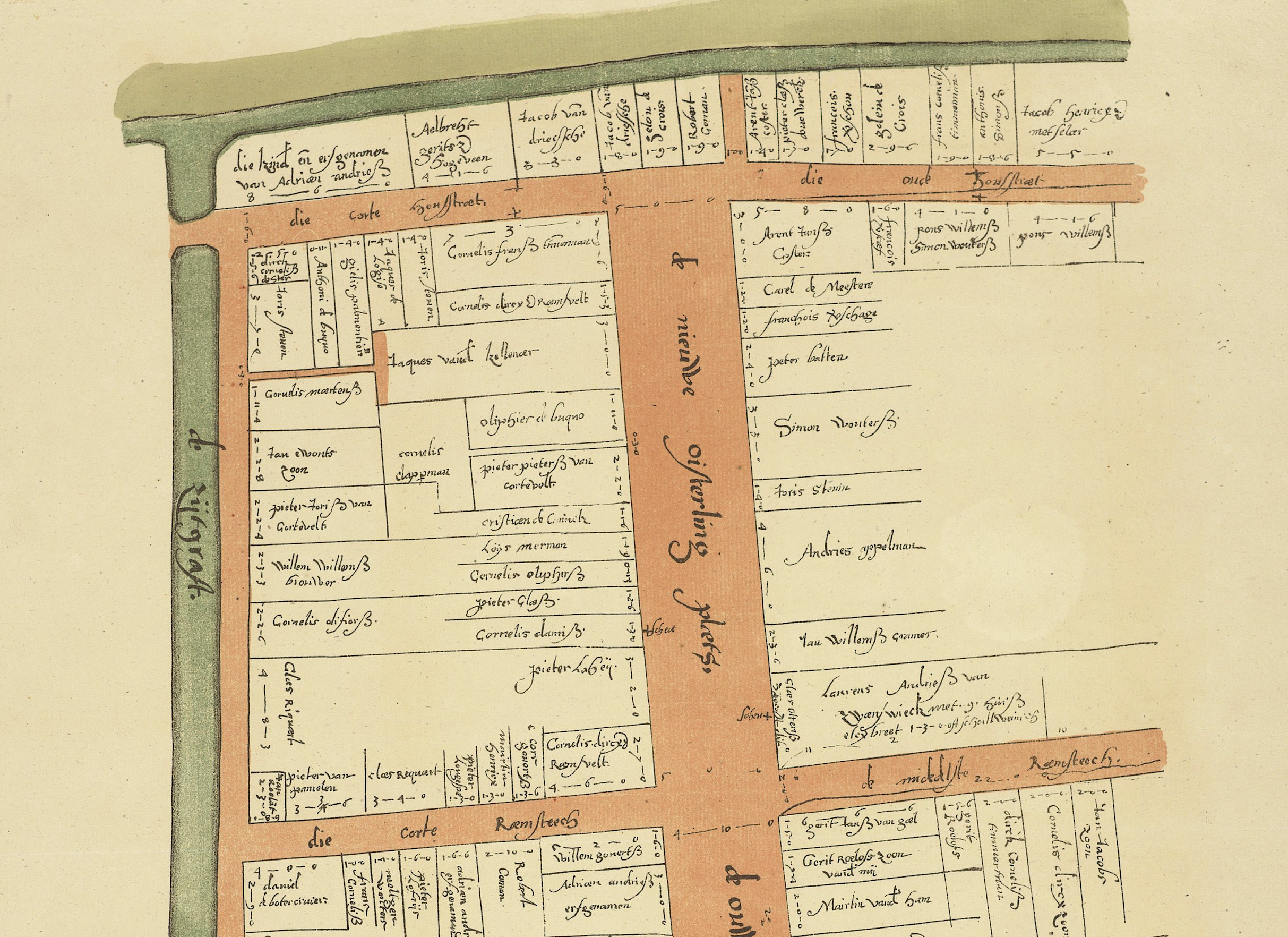 1874 lithograph map of plot ownership along the Garenmarkt, based on a 1583-1589 survey, Erfgoed Leiden en Omstreken